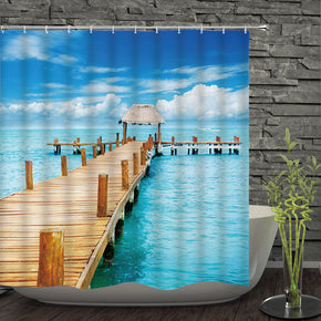 Seaside shower curtains fabric luxury turquoise polyester cloth print bathroom curtains
