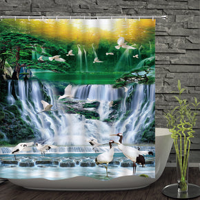 Waterfall shower curtains fabric elegant green polyester cloth print bathroom curtains