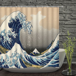 Sea wave shower curtains fabric cool blue polyester cloth print bathroom curtains