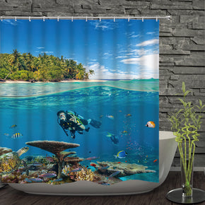 Underwater swimming shower curtains fabric Human skeleton turquoise polyester cloth print bathroom curtains