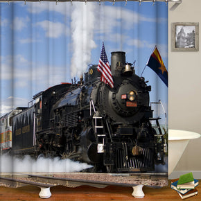 train shower curtains fabric retro blue polyester cloth print bathroom curtains