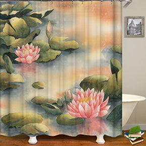 Lotus shower curtains fabric elegant green polyester cloth print bathroom curtains