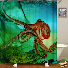 Octopuses seafloor animal shower curtains fabric Human skeleton teal polyester cloth print bathroom curtains